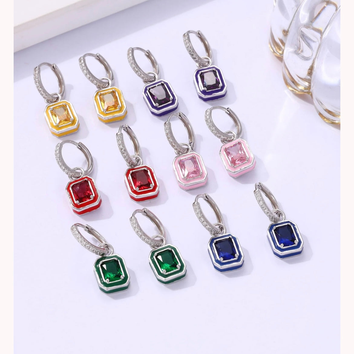 MODIAN 925 Sterling Silver Rainbow Colorful Enamel Hoop Earrings Charm Luxury Rectangle Zirconia Ear Buckles For Women Jewelry