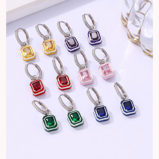 MODIAN 925 Sterling Silver Rainbow Colorful Enamel Hoop Earrings Charm Luxury Rectangle Zirconia Ear Buckles For Women Jewelry