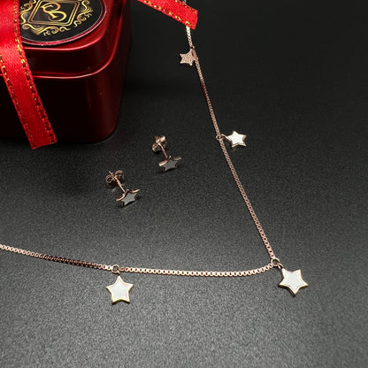 Silver Star Necklace with Ear Tops (Rose Gold )