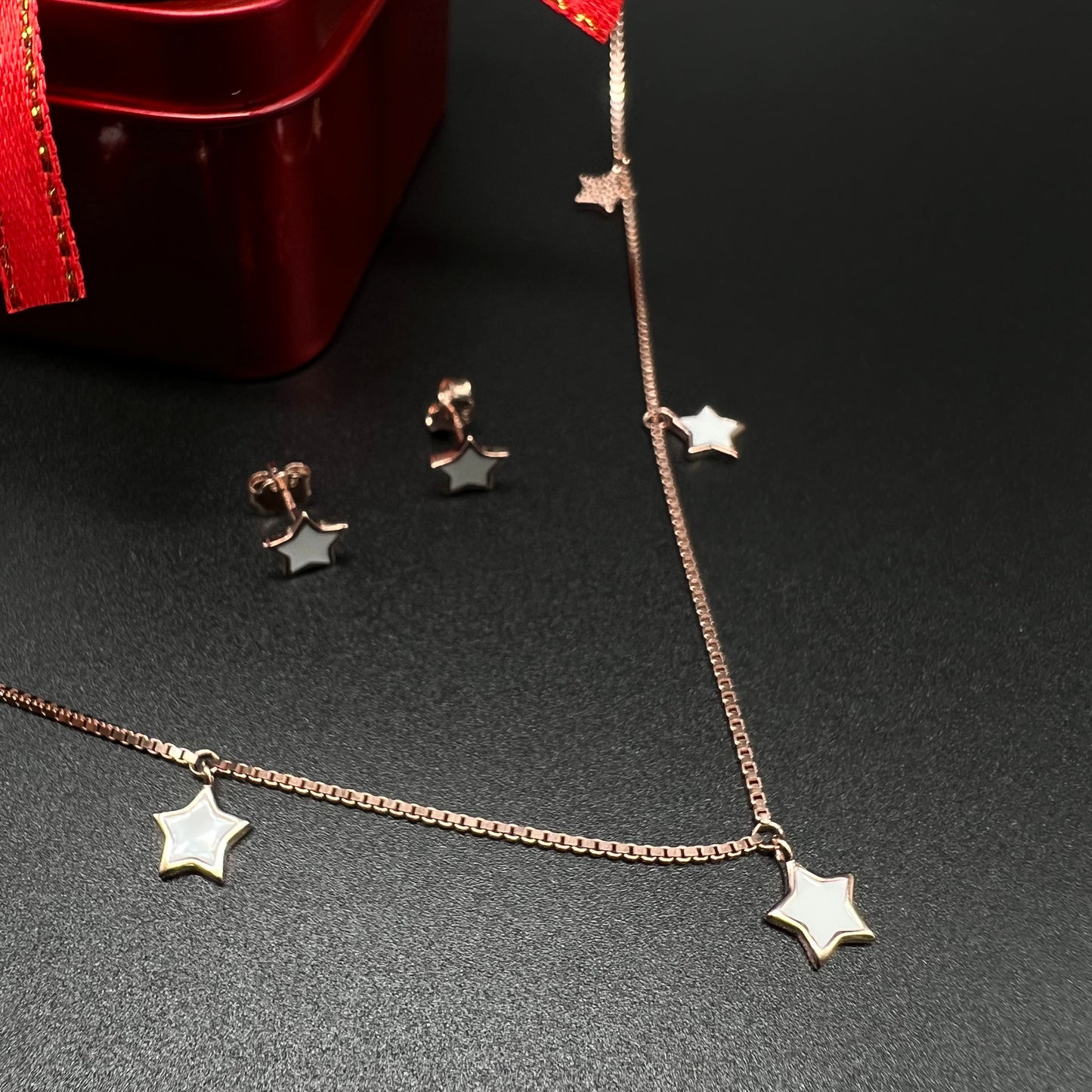 Silver Star Necklace with Ear Tops (Rose Gold )