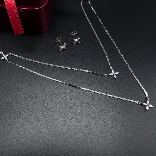 Star Diamond Necklace With Earing In Silver