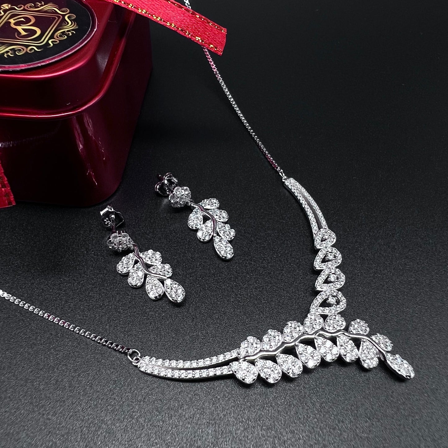 Silver Diamond Necklace with Earing