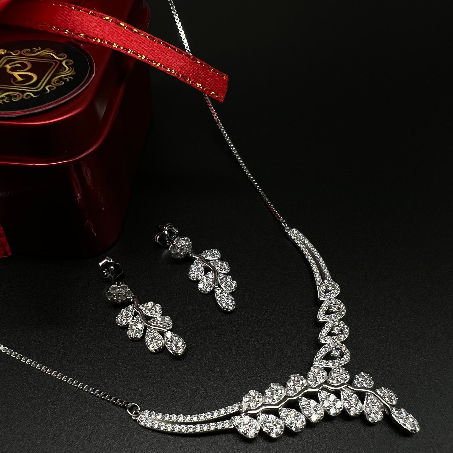 Silver Diamond Necklace with Earing