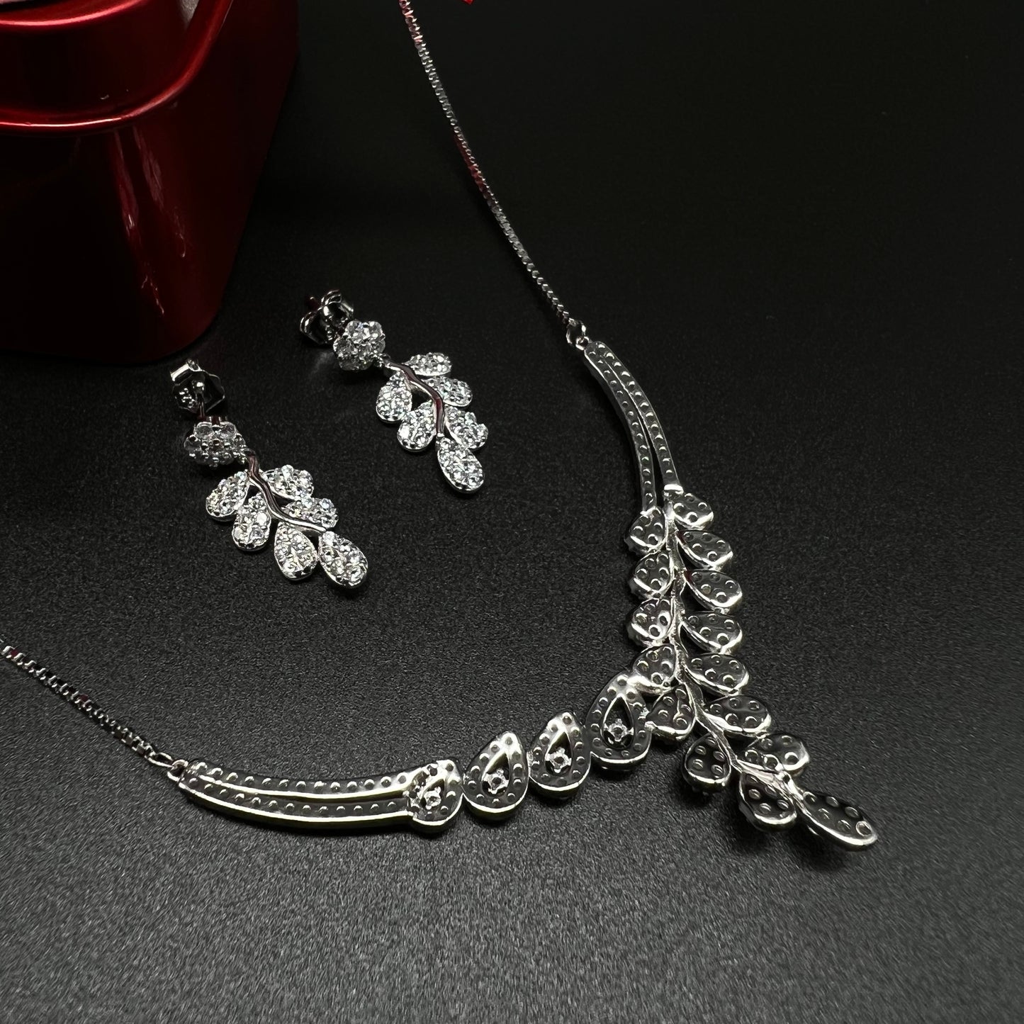 Silver Diamond Necklace with Earing