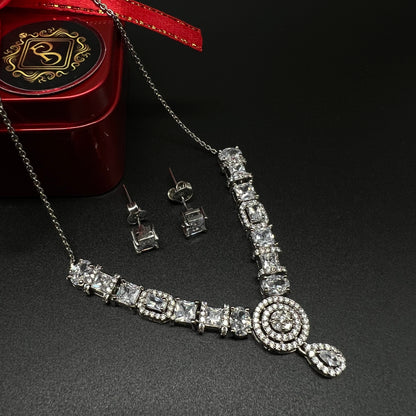 Silver Diamond Necklace with Earing