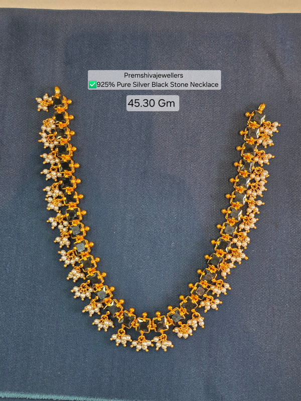 Silver Black Stone Necklace & Earrings